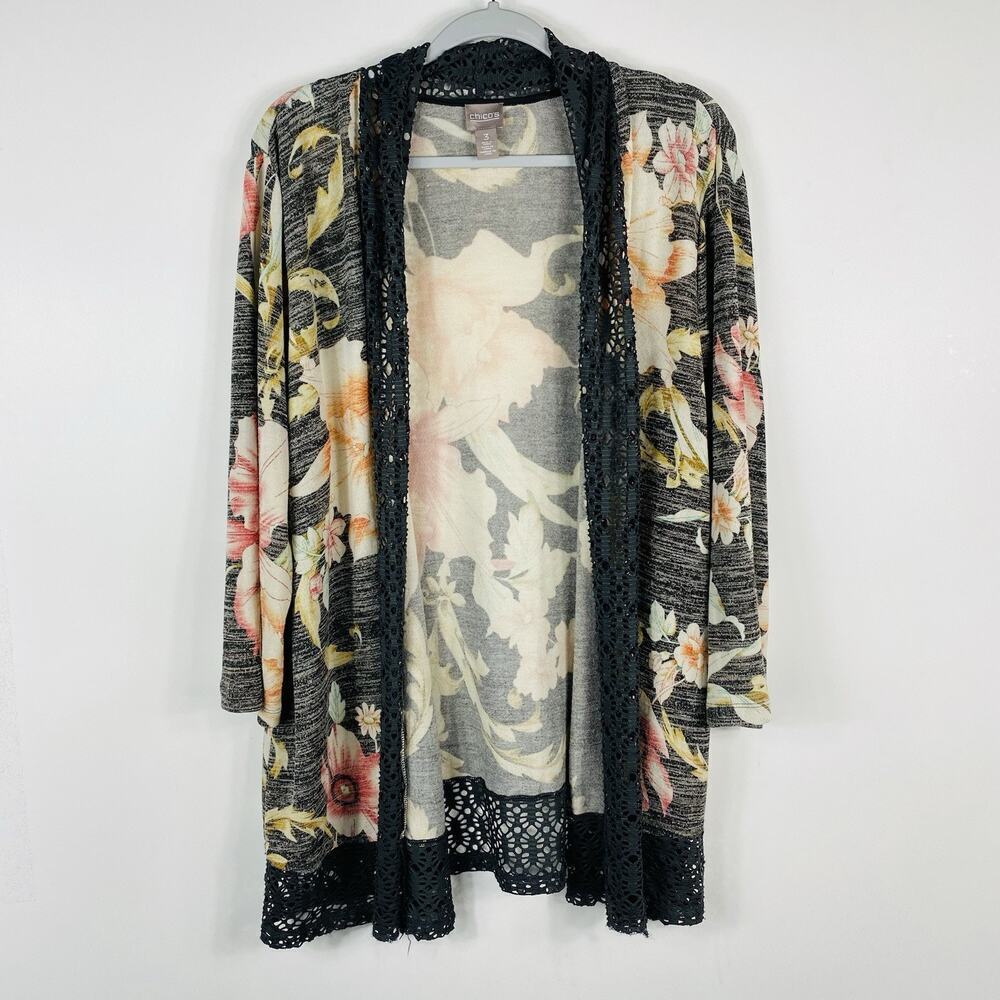 Chico's Size XL 16 3 Floral Print Crochet Lace Trim Cardigan Sweater Gray